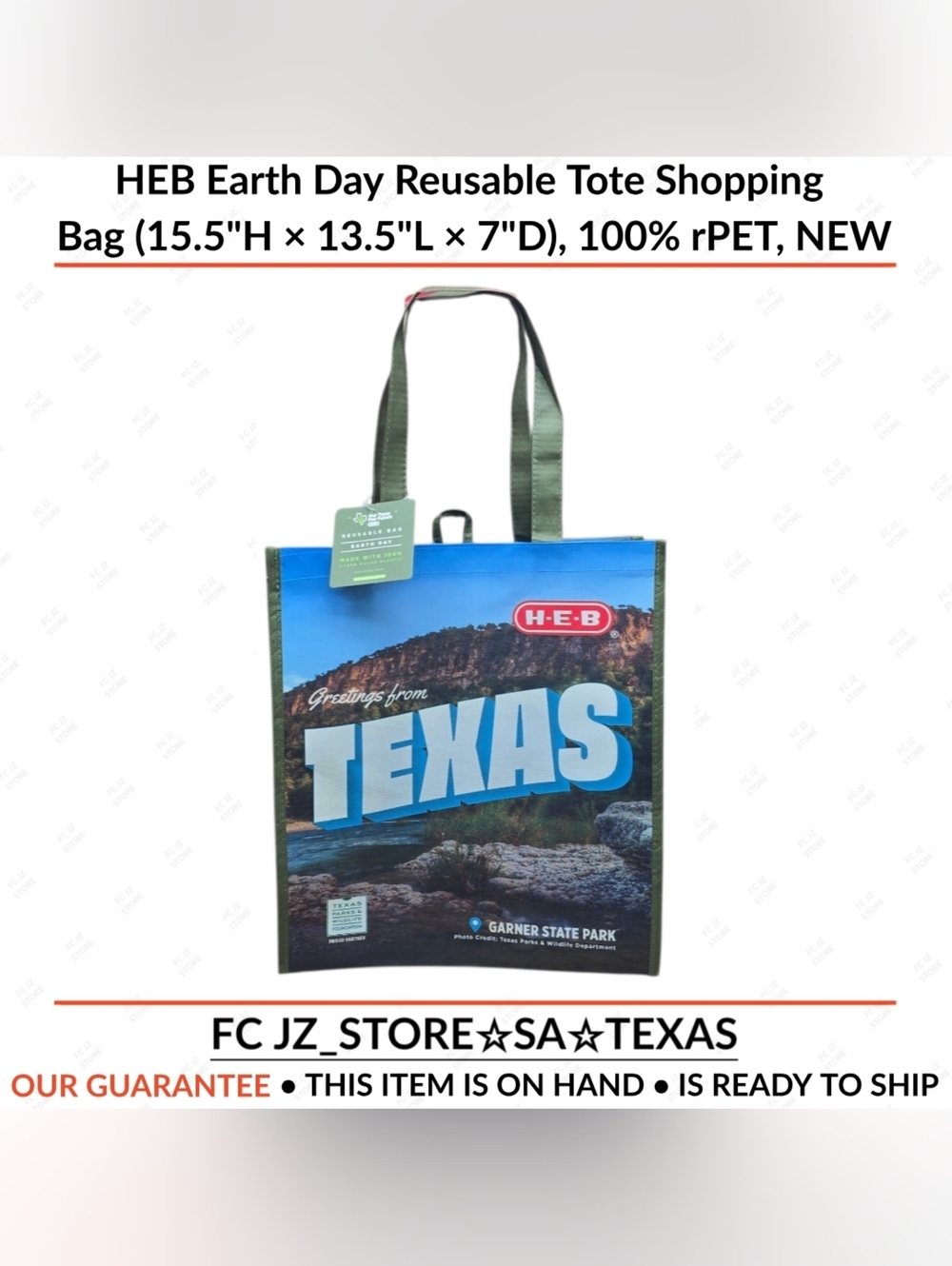 HEB Earth Day Reusable Tote Shopping Bag (15.5"H × 13.5"L × 7"D), 100% rPET, NEW